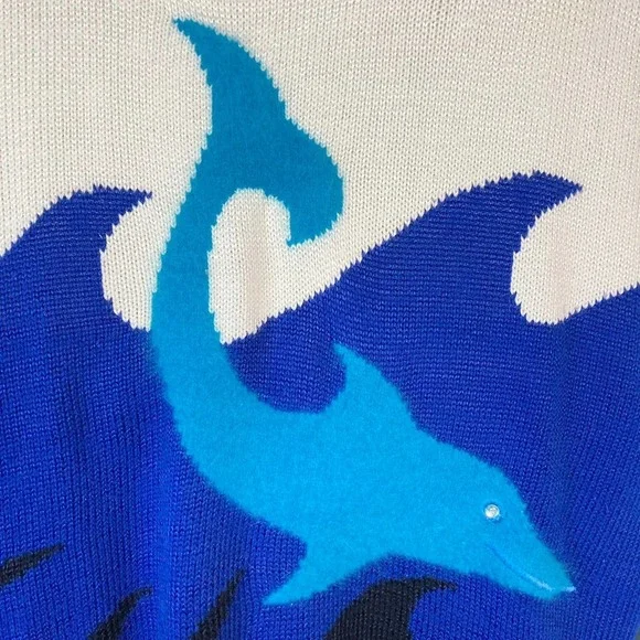 TOPLIKE Vintage Dolphin Ocean Waves Angora Blend Crew Neck Sweater Womens Size L - Picture 8 of 16